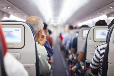 Interior of airplane with passengers on seats waiting to taik off.