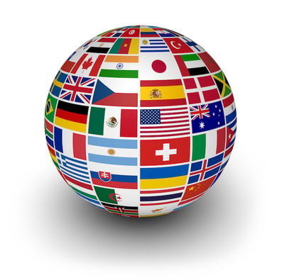 Travel, services and international business concept with a globe and international flags of the world on white background.